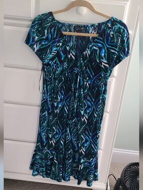 Inc Small short sleeve multicolor polyester blend stretch shift dress spring